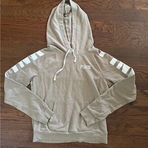 PINK women’s vintage Hooded Pullover Sweatshirt in Taupe & white sz Small 2016